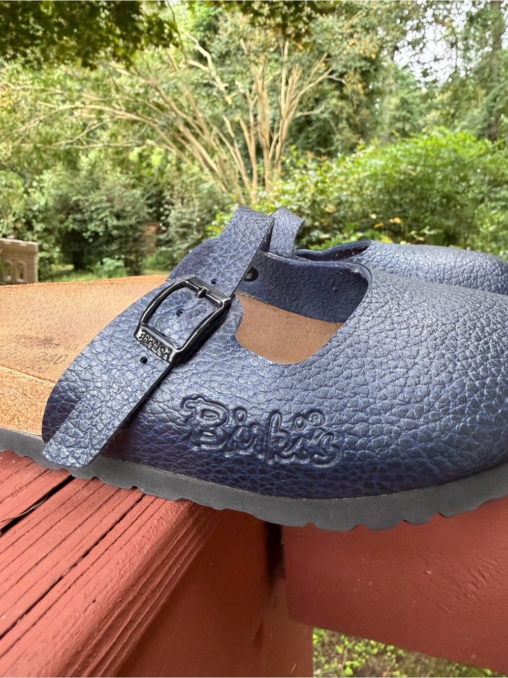 Birkenstock Navy Textured Mary Jane Clog with Embossed Logo